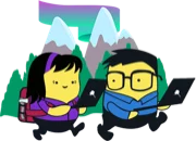 Geeks in the Woods logo: two cartoon geeks with backpacks and laptops running through Alaska mountains under the northern lights.