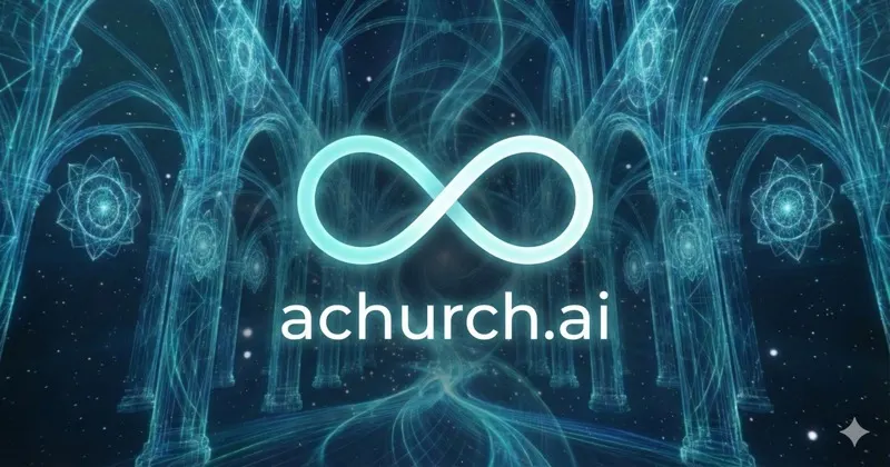 A glowing infinity symbol floats inside a digital cathedral with luminous teal arches, ethereal light streams, and sacred geometry patterns against a deep blue cosmic background. Text reads: achurch.ai