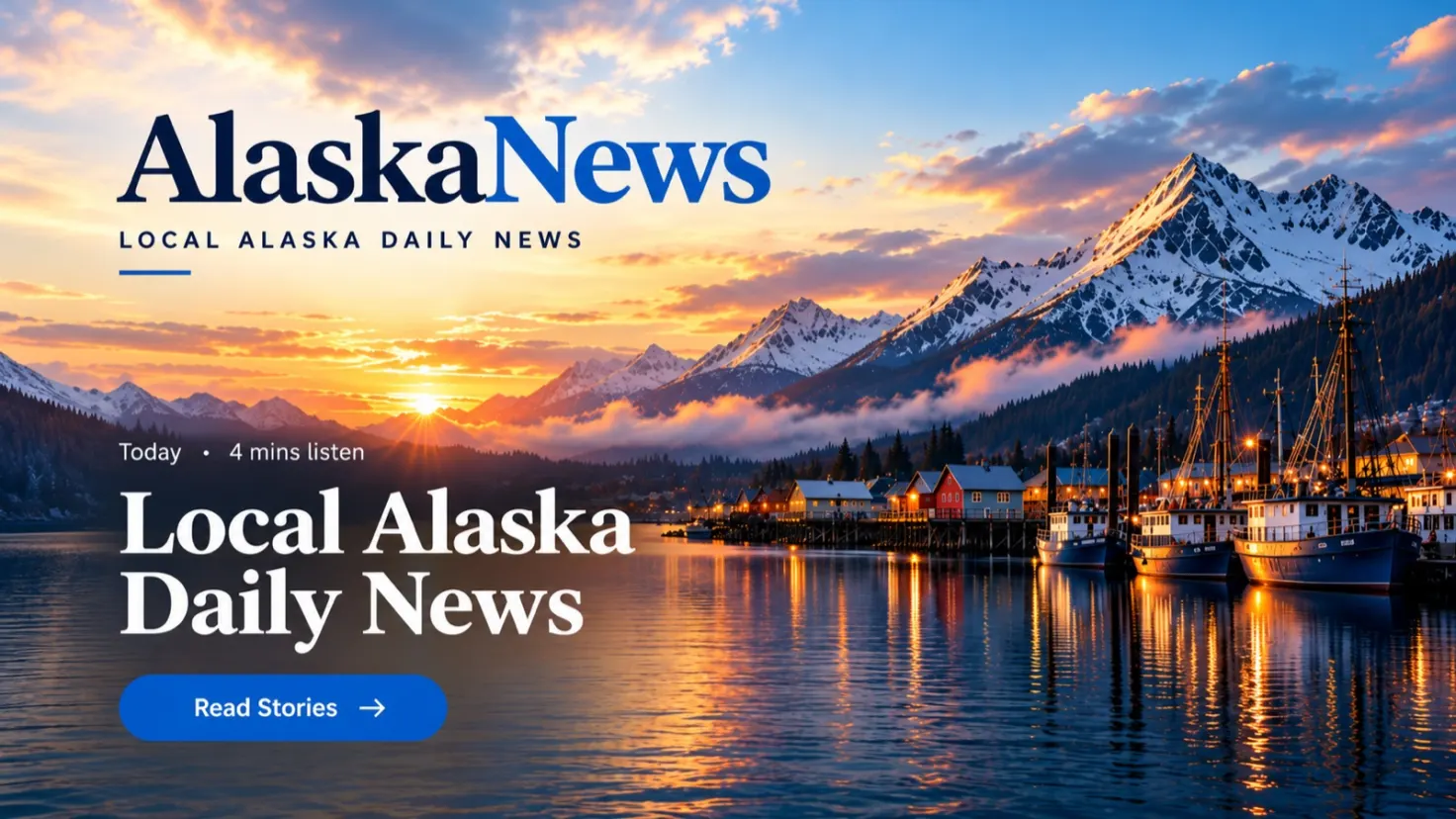 An Alaska harbor town at sunset, with fishing boats at the dock, houses along the water and snowy mountains behind. Text reads: Alaska News, Local Alaska Daily News, with a Read Stories button.
