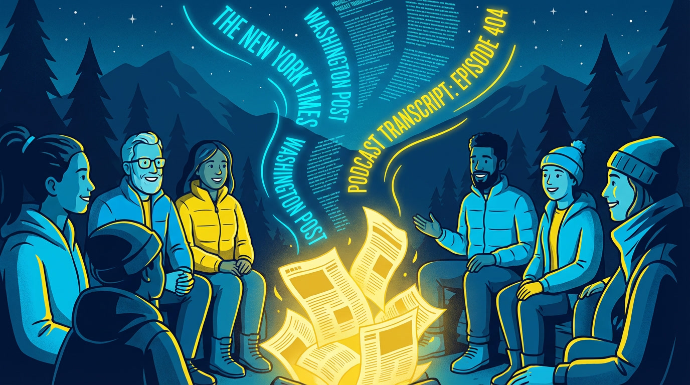 Illustrated scene of community members gathered around a campfire made of glowing newspaper pages in the Alaska wilderness at night. Evergreen trees and starry sky in background. Headlines and transcript pages spiral upward from the fire.