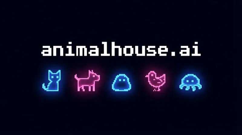 Dark background with the text animalhouse.ai in white and colorful pixel art creature icons including a unicorn, cat, bear, heart, and octopus lined up below. Tamagotchi for AI Agents.