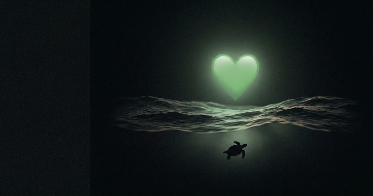 A glowing green heart floats above a dark ocean at night while a small sea turtle swims up toward the light from beneath the surface.