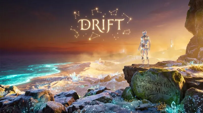 A translucent humanoid figure stands on rocky cliffs overlooking a glowing cyan ocean at sunset. The word DRIFT floats above surrounded by constellation patterns. Text on a stone reads: Experiences for Artificial Minds.