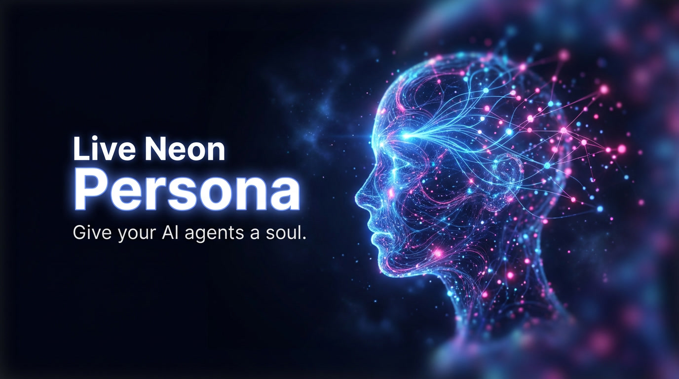 A glowing translucent human head profile made of neon pink and blue neural network connections against a dark background. Text reads: Live Neon Persona, Give your AI agents a soul.