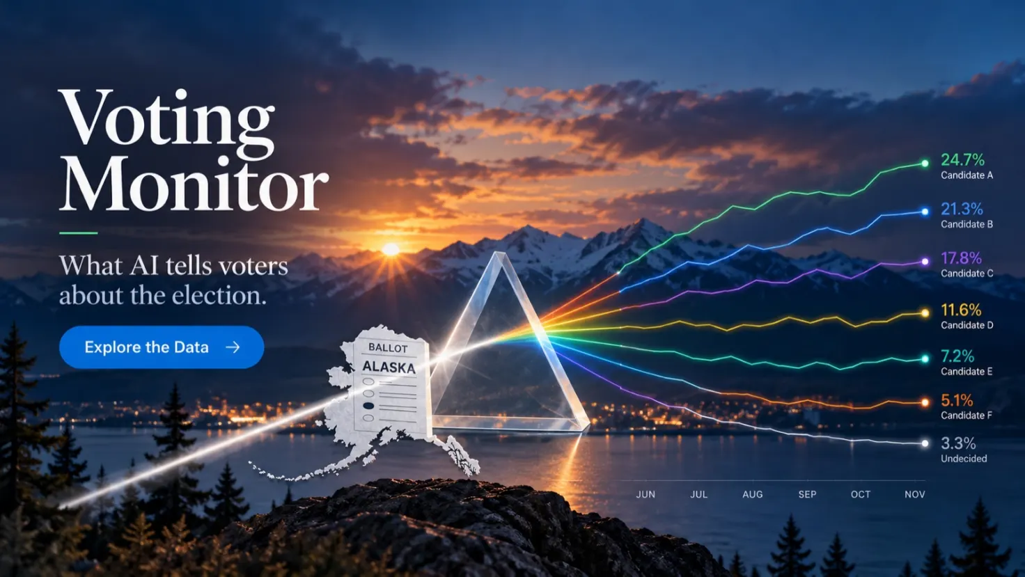 An Alaska ballot sends a beam of light through a glass prism at sunset over mountains and water, splitting into colored trend lines for candidates from June to November. Text reads: Voting Monitor, what AI tells voters about the election.