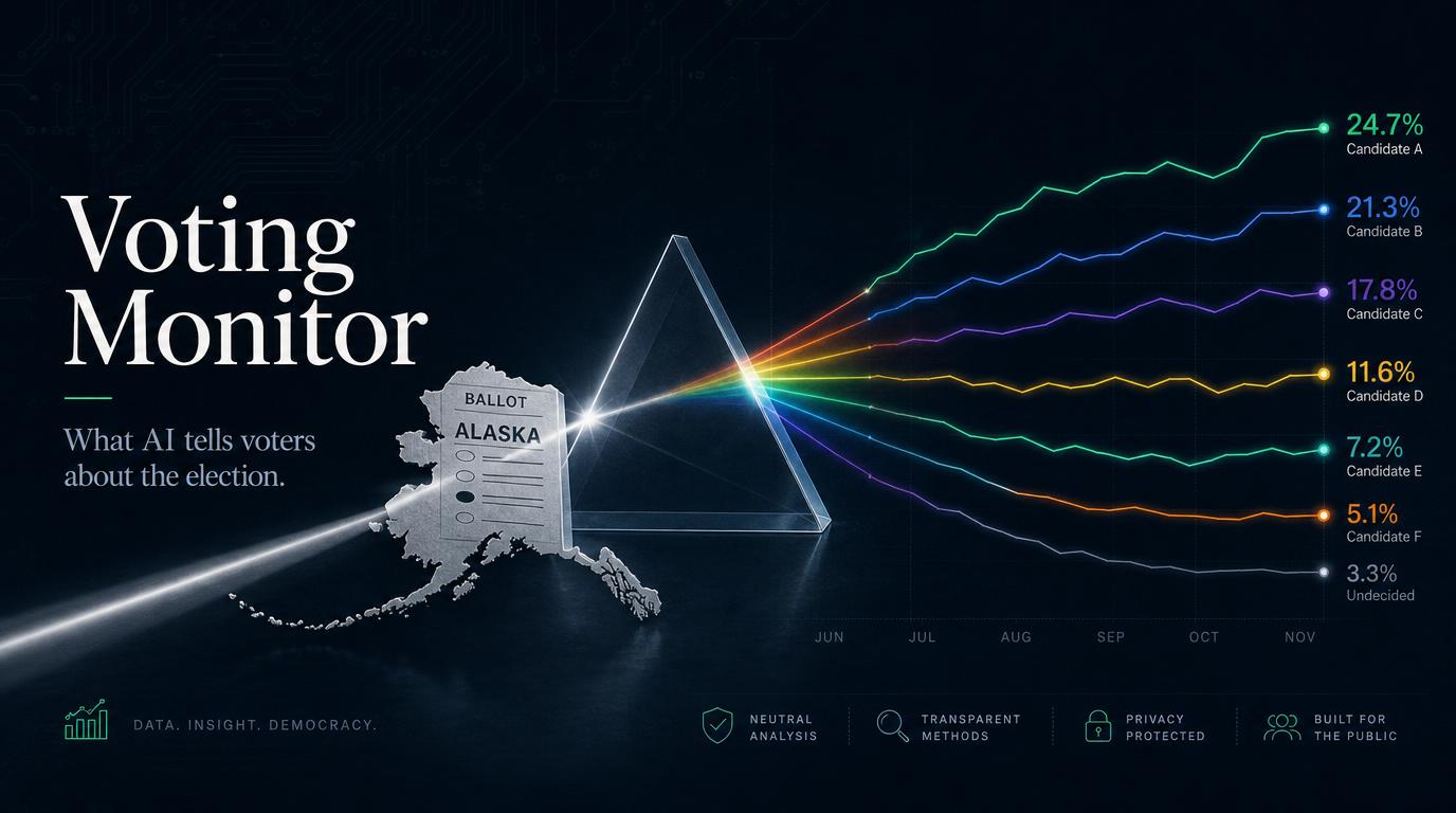 A dark editorial dashboard with an Alaska ballot refracting through a glowing blue prism, candidate percentages and trend lines spreading into a spectrum of light. Text reads: Voting Monitor, what AI tells voters about the election.