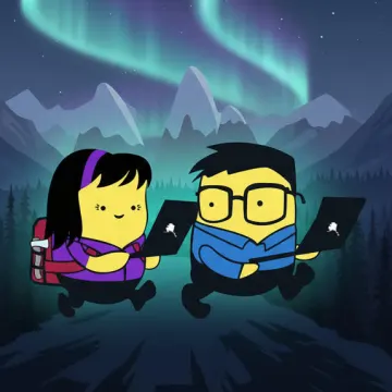Two cartoon characters coding on laptops under green northern lights with Alaska mountains and evergreen forest in the background. Geeks in the Woods YouTube channel avatar.