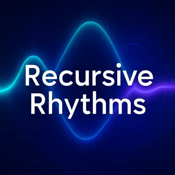 Bold white text reading Recursive Rhythms over a glowing cyan and purple sine wave on a deep blue background. YouTube channel avatar for instrumental coding focus music.